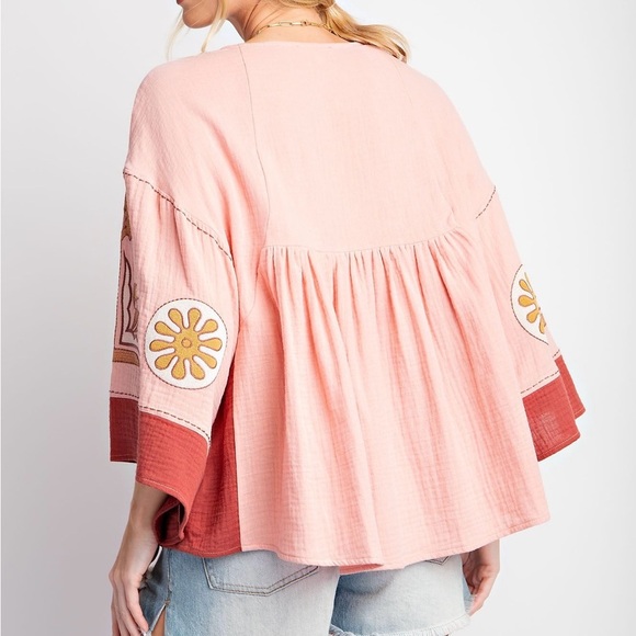 Embroidery Detailing Cotton Gauze Babydoll Top - Picture 2 of 4